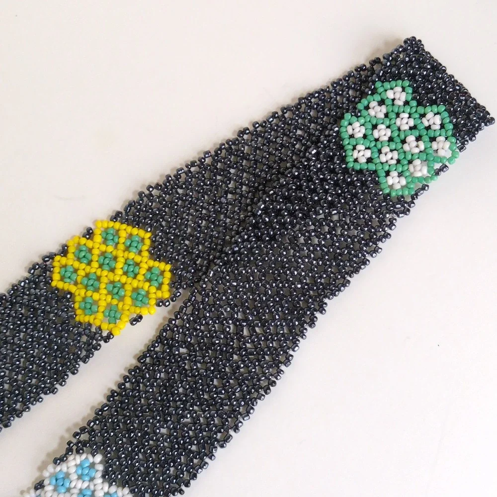 Southwestern Seed Bead Belt Native Black Geometric Floral Woven Beaded